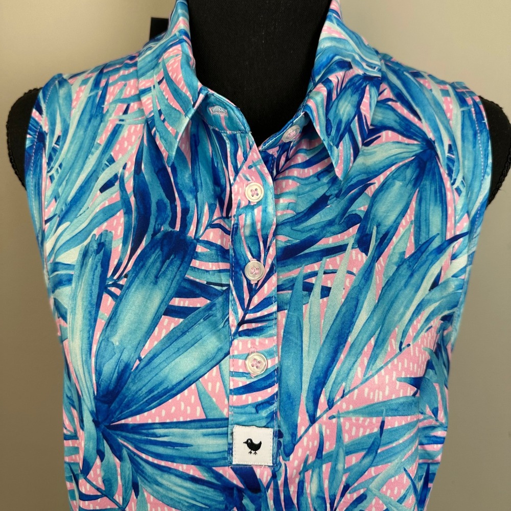 Sleeveless Pink & Blue Leaf-Print Button Front Women's Top